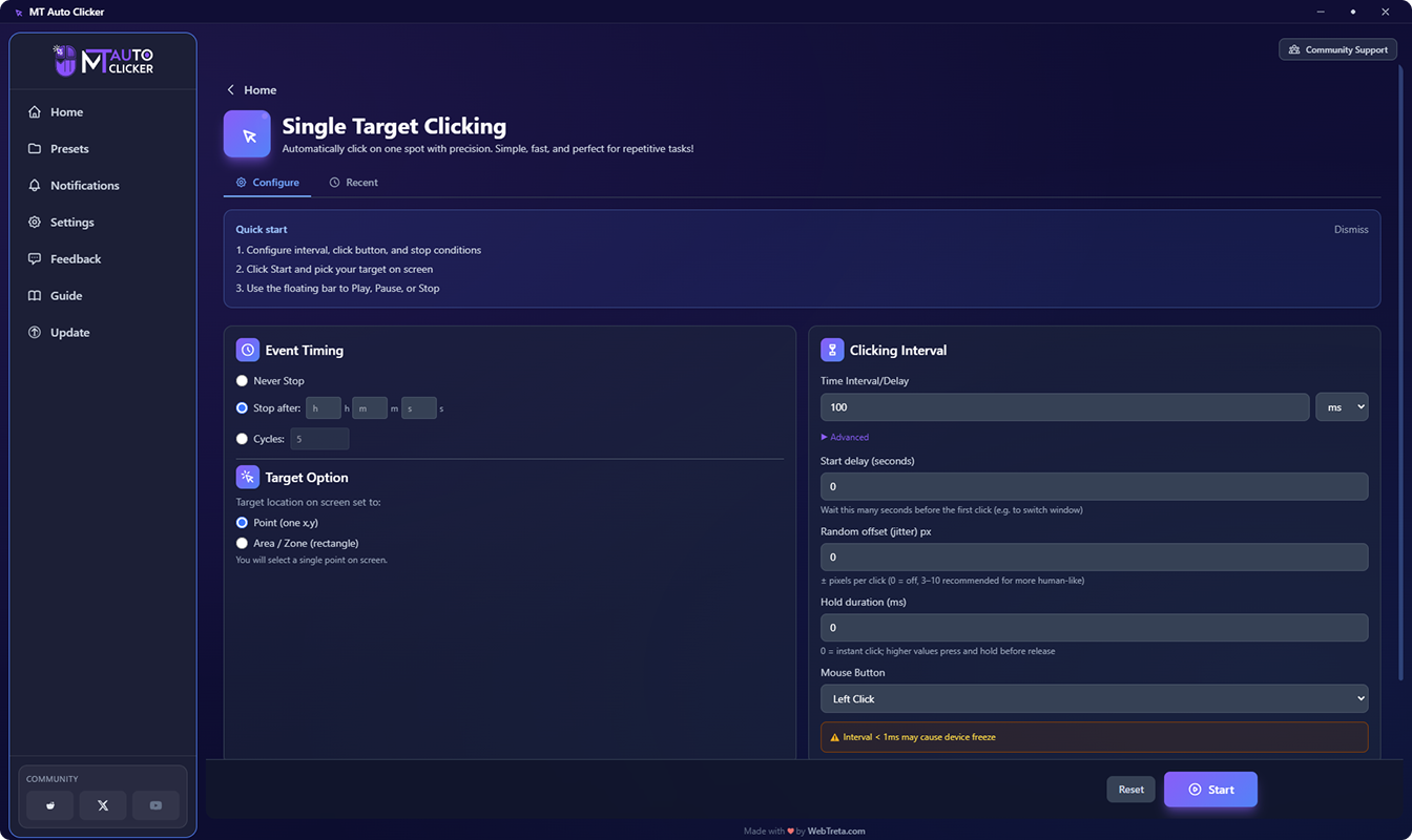 Single Target Clicking Setup screen